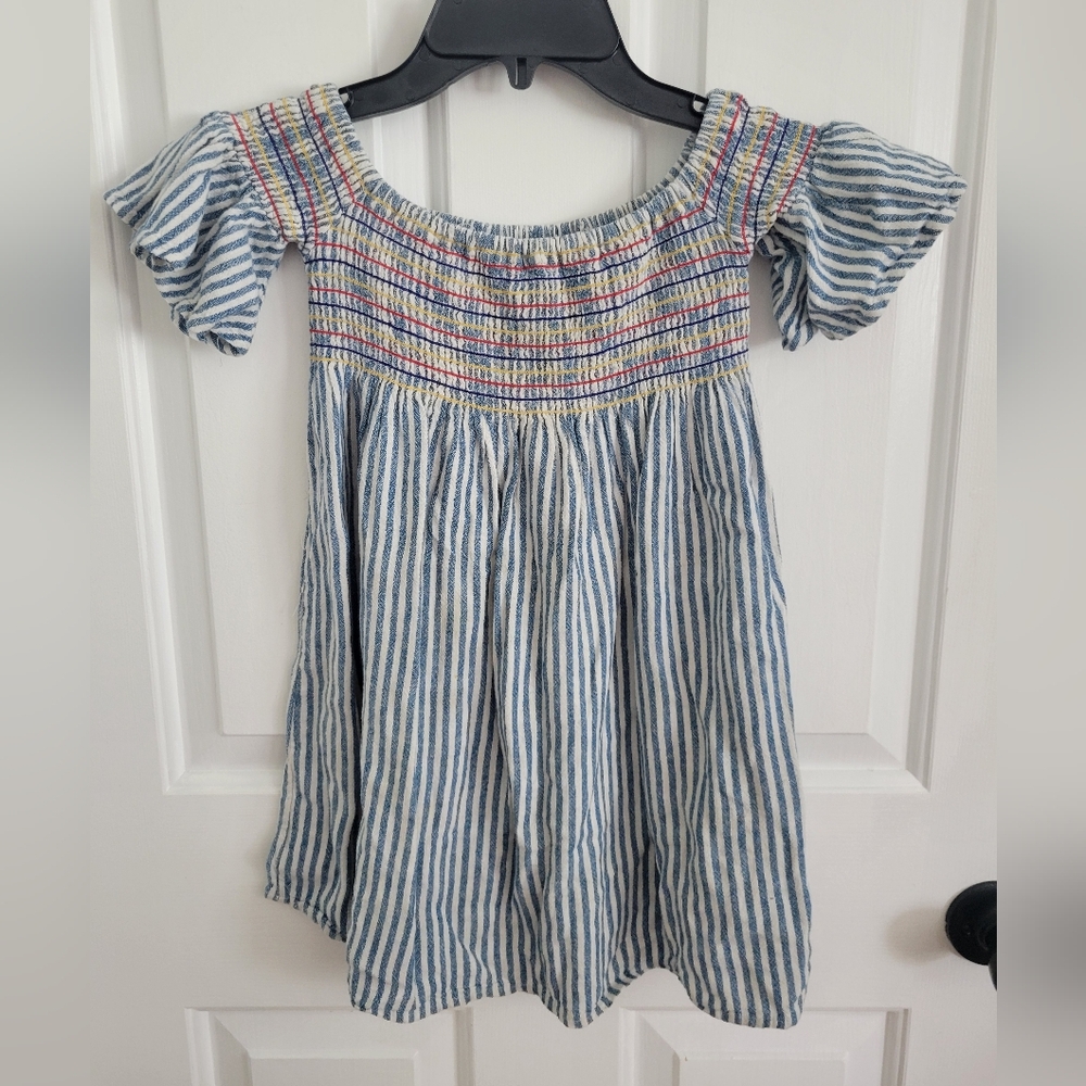 Cat & Jack Girls Linen Blend Smocked Stripe Off Shoulder Blue White Dress XS 4/5